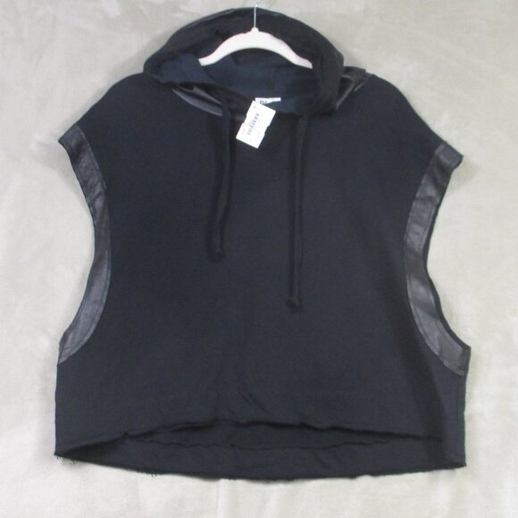 NWT Planet by Lauren G Top Women Black Size 1 Cotton Vegan Leather Trim USA - Picture 1 of 9